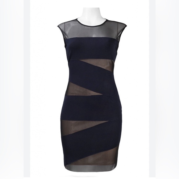 Muse M3255M Navy Asymmetrical Trim Stretch Jersey & Mesh Cocktail Dress - Picture 1 of 2